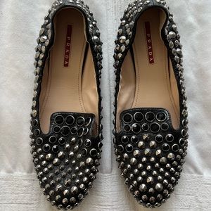Prada Black Leather Studded Loafers - Pristine condition